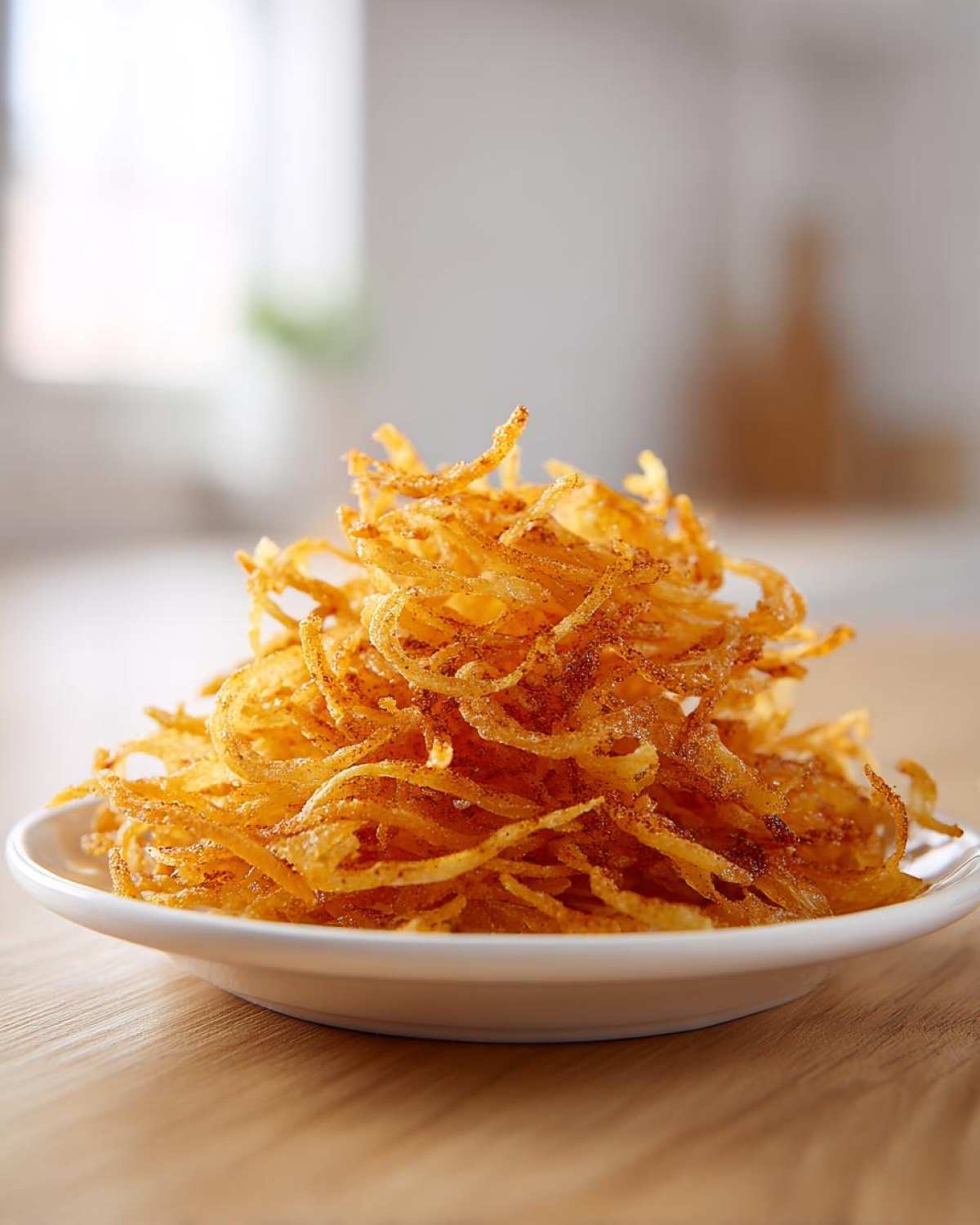 A mound of golden brown, seasoned Air Fryer Crispy Tortilla Strips piled high on a small white plate.
