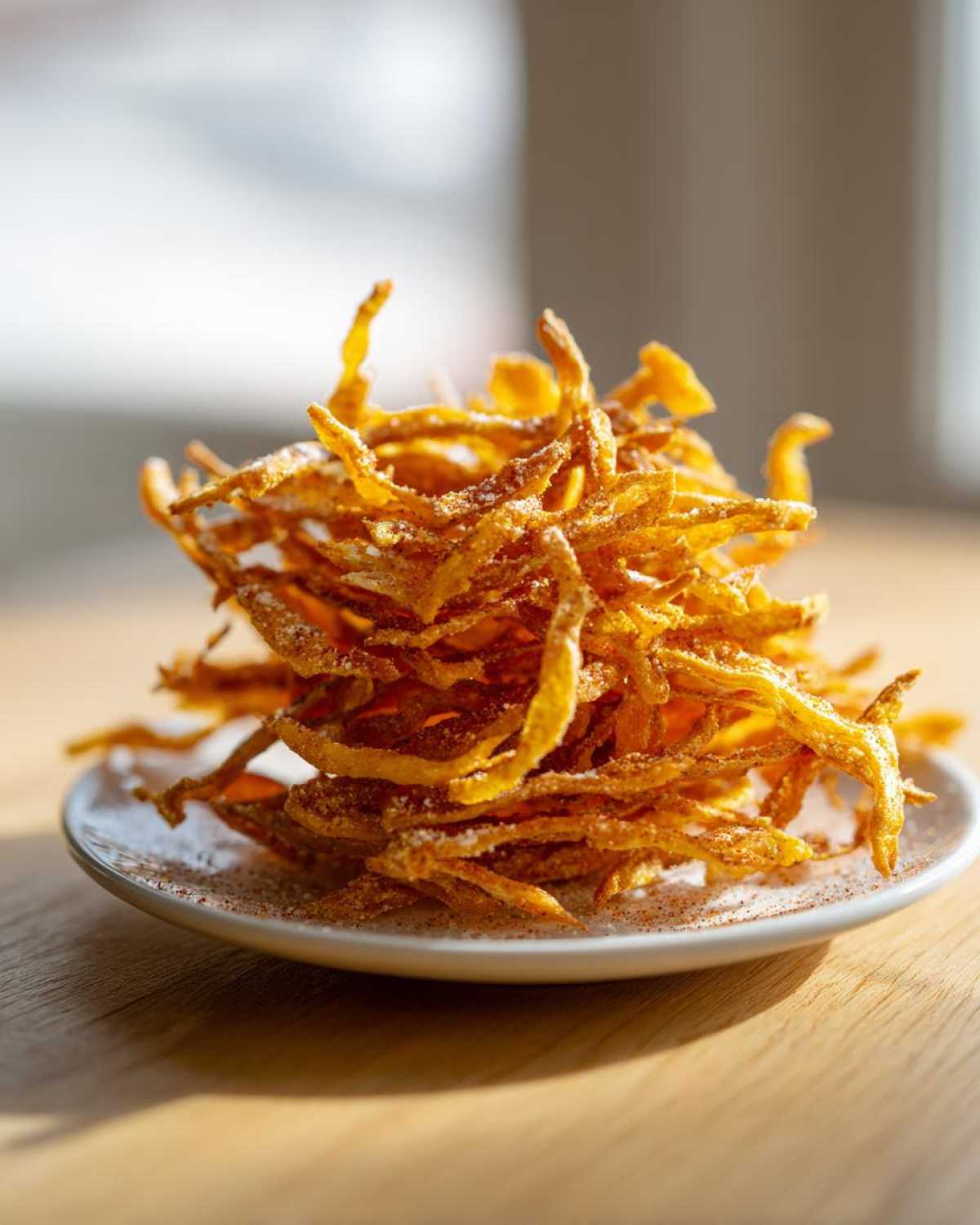 A tall stack of golden brown, crispy Air Fryer Crispy Tortilla Strips seasoned with spices, served on a small white plate.