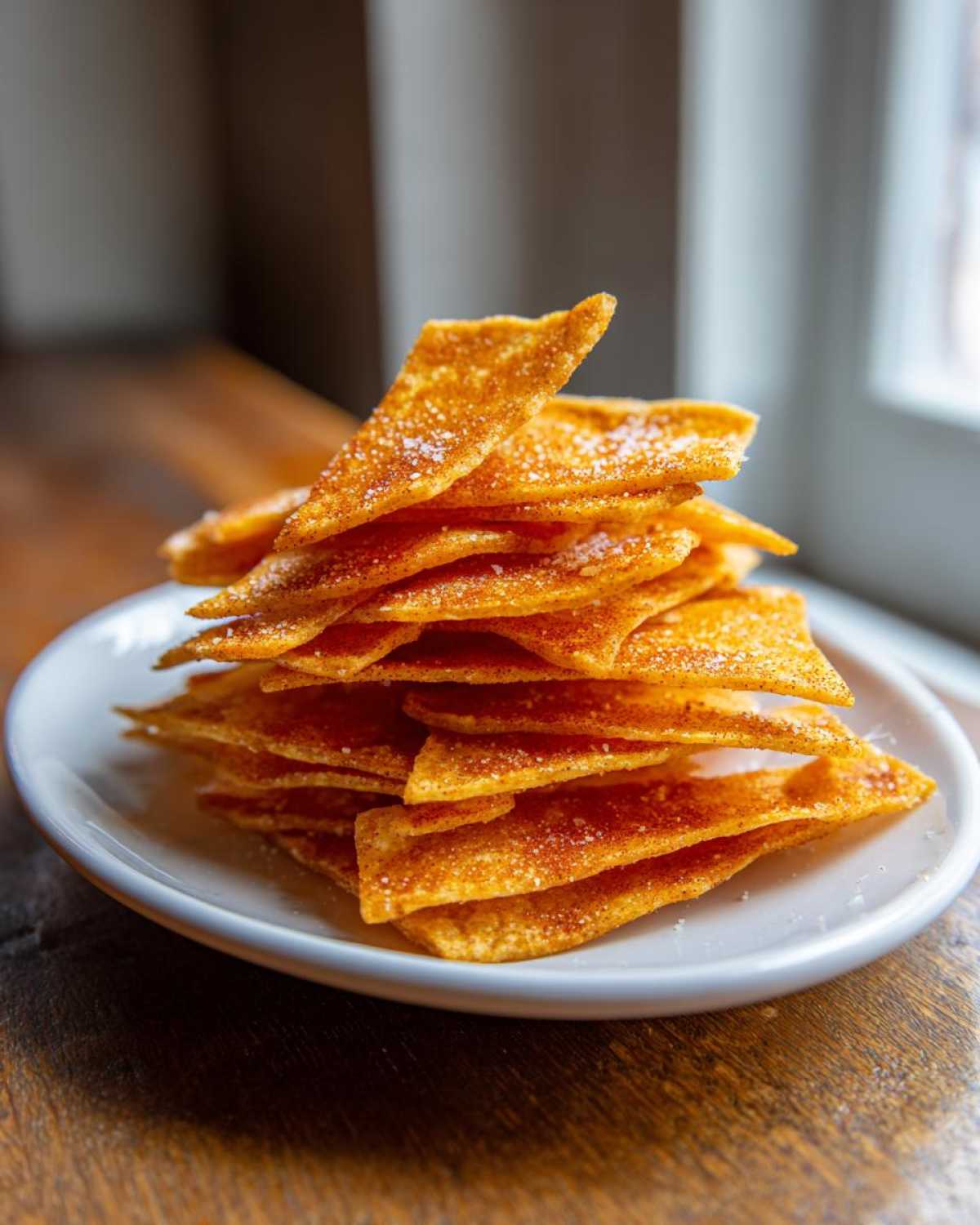 A tall stack of golden brown Air Fryer Crispy Tortilla Strips sprinkled with salt on a white plate.
