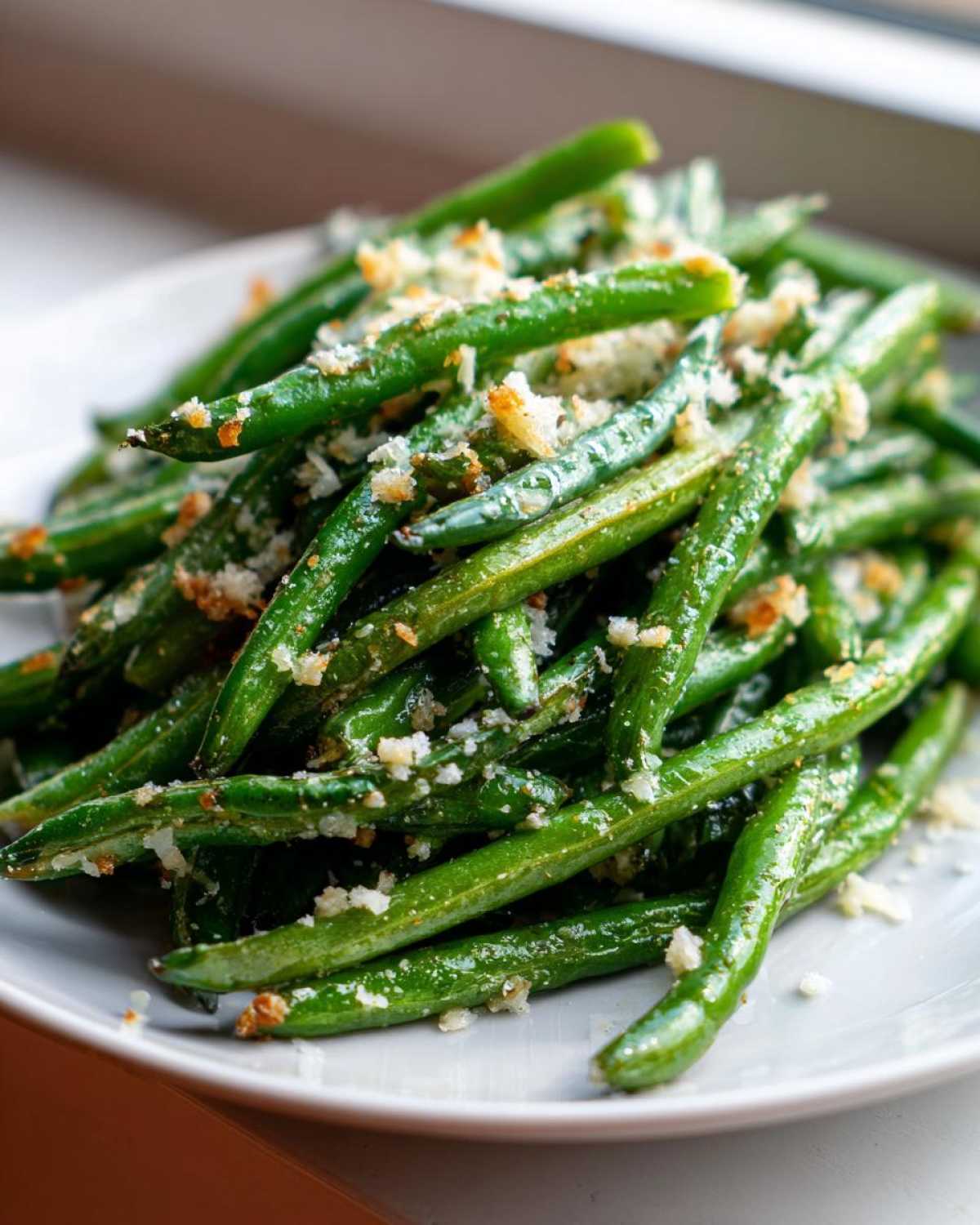 Close-up of vibrant green beans tossed with garlic, parmesan, and breadcrumbs: Air Fryer Garlic Parmesan Green Beans.