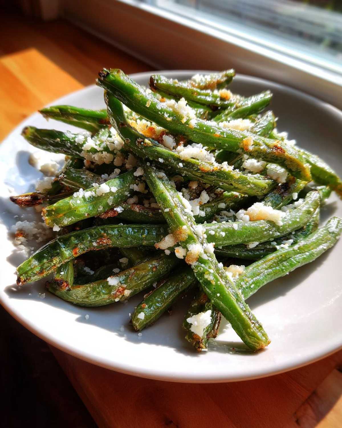 A close-up of crispy Air Fryer Garlic Parmesan Green Beans topped with grated cheese, served on a white plate.