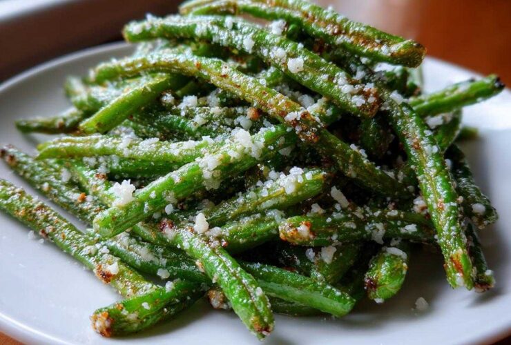 Close-up of crispy Air Fryer Garlic Parmesan Green Beans sprinkled with grated cheese on a white plate.
