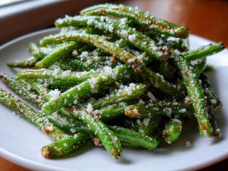 Close-up of crispy Air Fryer Garlic Parmesan Green Beans sprinkled with grated cheese on a white plate.