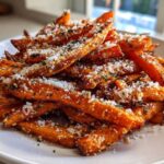 A close-up of crispy Air Fryer Garlic Parmesan Sweet Potato Fries piled high on a white plate.
