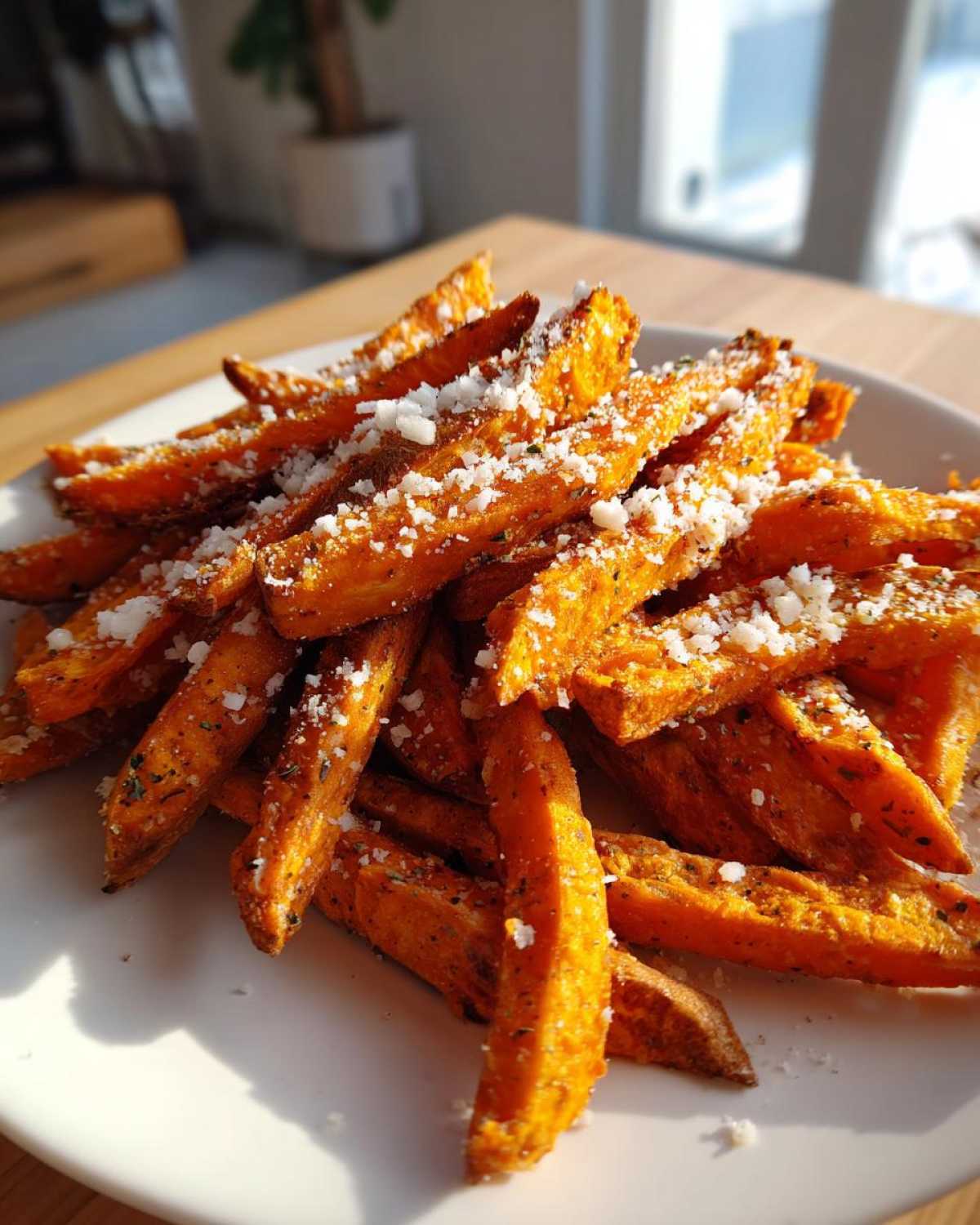 A close-up of crispy Air Fryer Garlic Parmesan Sweet Potato Fries topped with grated cheese.