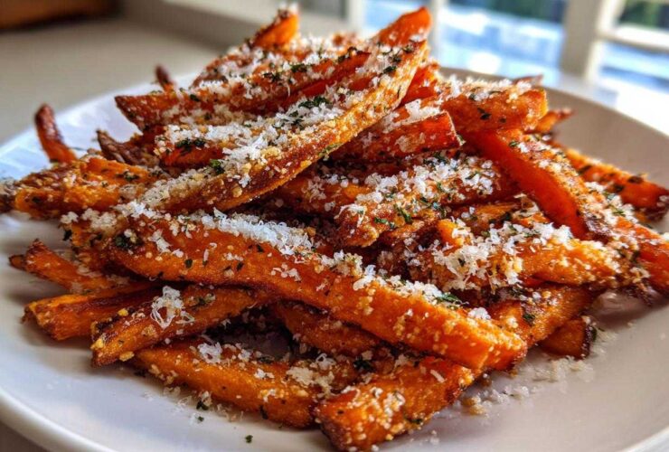 A close-up of crispy Air Fryer Garlic Parmesan Sweet Potato Fries piled high on a white plate.