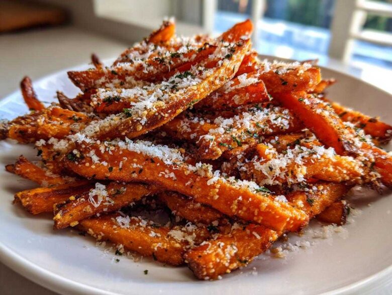 A close-up of crispy Air Fryer Garlic Parmesan Sweet Potato Fries piled high on a white plate.