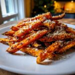 A close-up of crispy Air Fryer Garlic Parmesan Sweet Potato Fries piled high on a white plate.