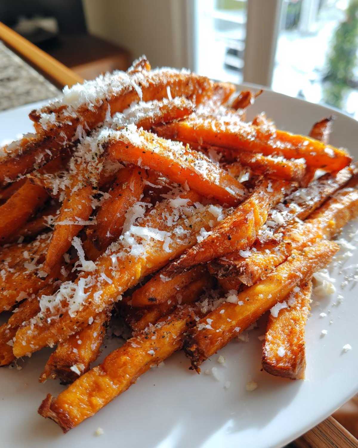 A close-up of crispy Air Fryer Garlic Parmesan Sweet Potato Fries piled high and topped with grated cheese.
