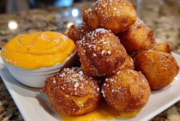 A pile of golden brown Air Fryer Pretzel Bites sprinkled with salt next to a small bowl of bright orange beer cheese dip.