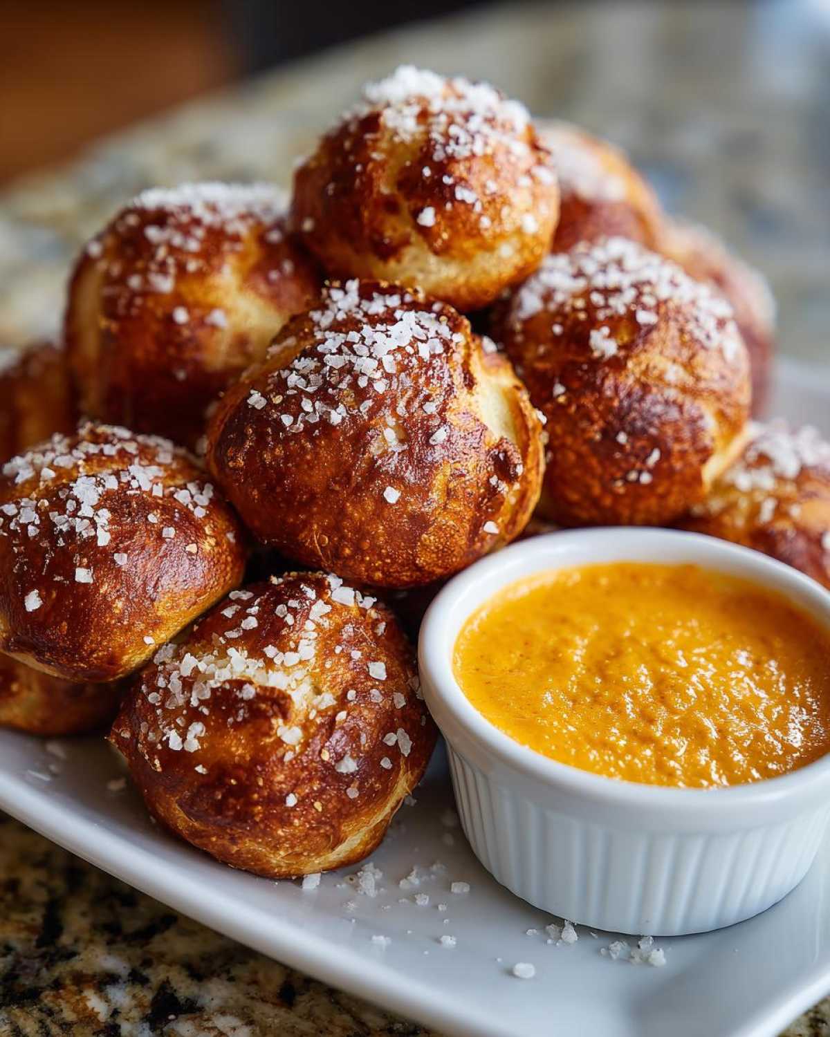 A pile of golden brown Air Fryer Pretzel Bites sprinkled with coarse salt next to a ramekin of orange beer cheese dip.