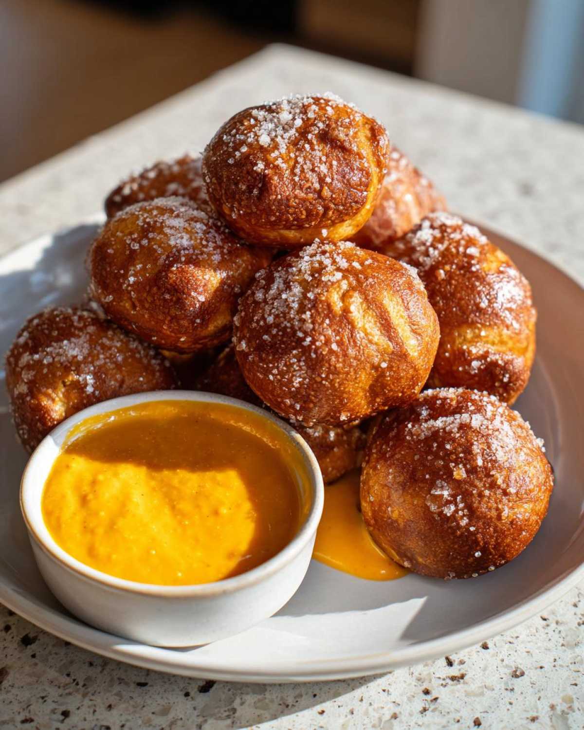 A pile of golden brown Air Fryer Pretzel Bites sprinkled with coarse salt next to a bowl of bright orange Beer Cheese Dip.