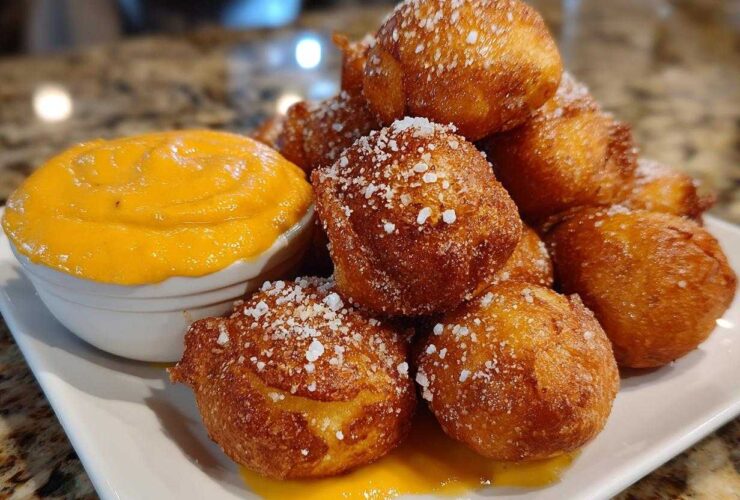 A pile of golden brown Air Fryer Pretzel Bites sprinkled with salt next to a small bowl of bright orange beer cheese dip.