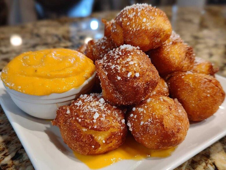 A pile of golden brown Air Fryer Pretzel Bites sprinkled with salt next to a small bowl of bright orange beer cheese dip.