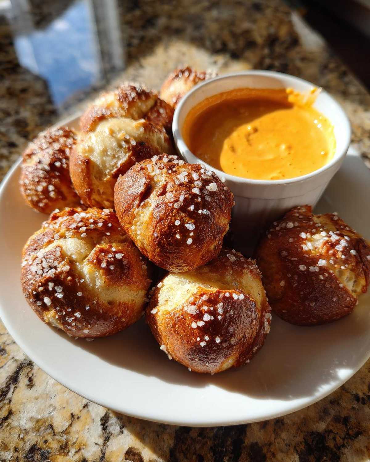A plate of golden brown Air Fryer Pretzel Bites sprinkled with coarse salt next to a white ramekin of beer cheese dip.