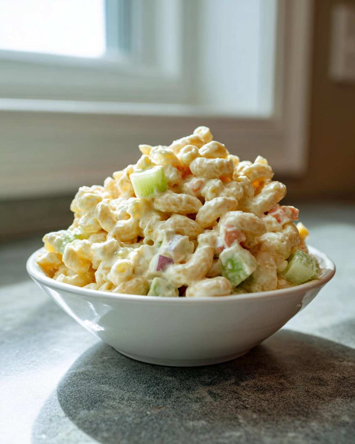 A generous serving of creamy Copycat Deli-Style Macaroni Salad piled high in a white bowl.