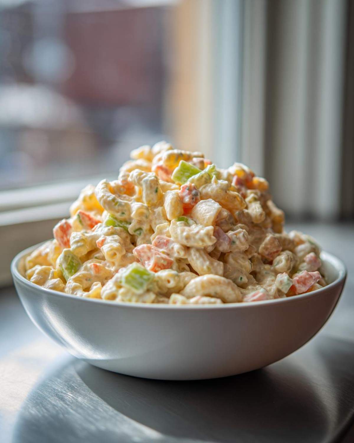 A large white bowl overflowing with creamy Copycat Deli-Style Macaroni Salad featuring elbow macaroni, celery, and carrots.