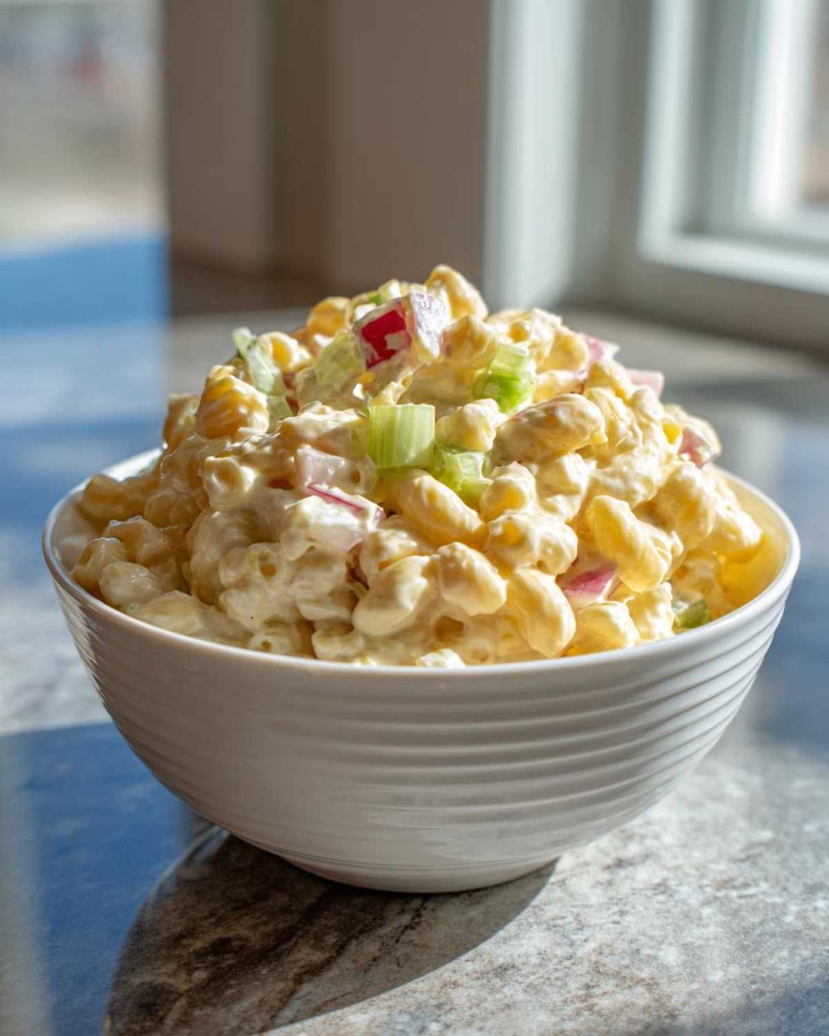 A white bowl filled with creamy Copycat Deli-Style Macaroni Salad featuring elbow macaroni, celery, and red onion.