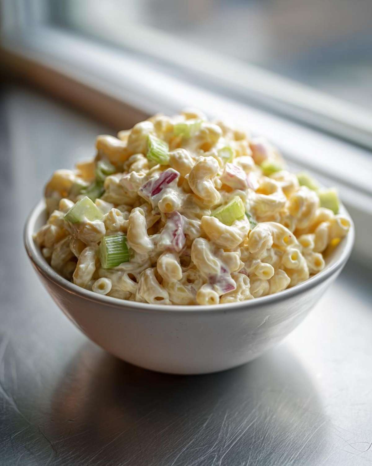 A white bowl filled with creamy Copycat Deli-Style Macaroni Salad featuring elbow macaroni, celery, and red onion.