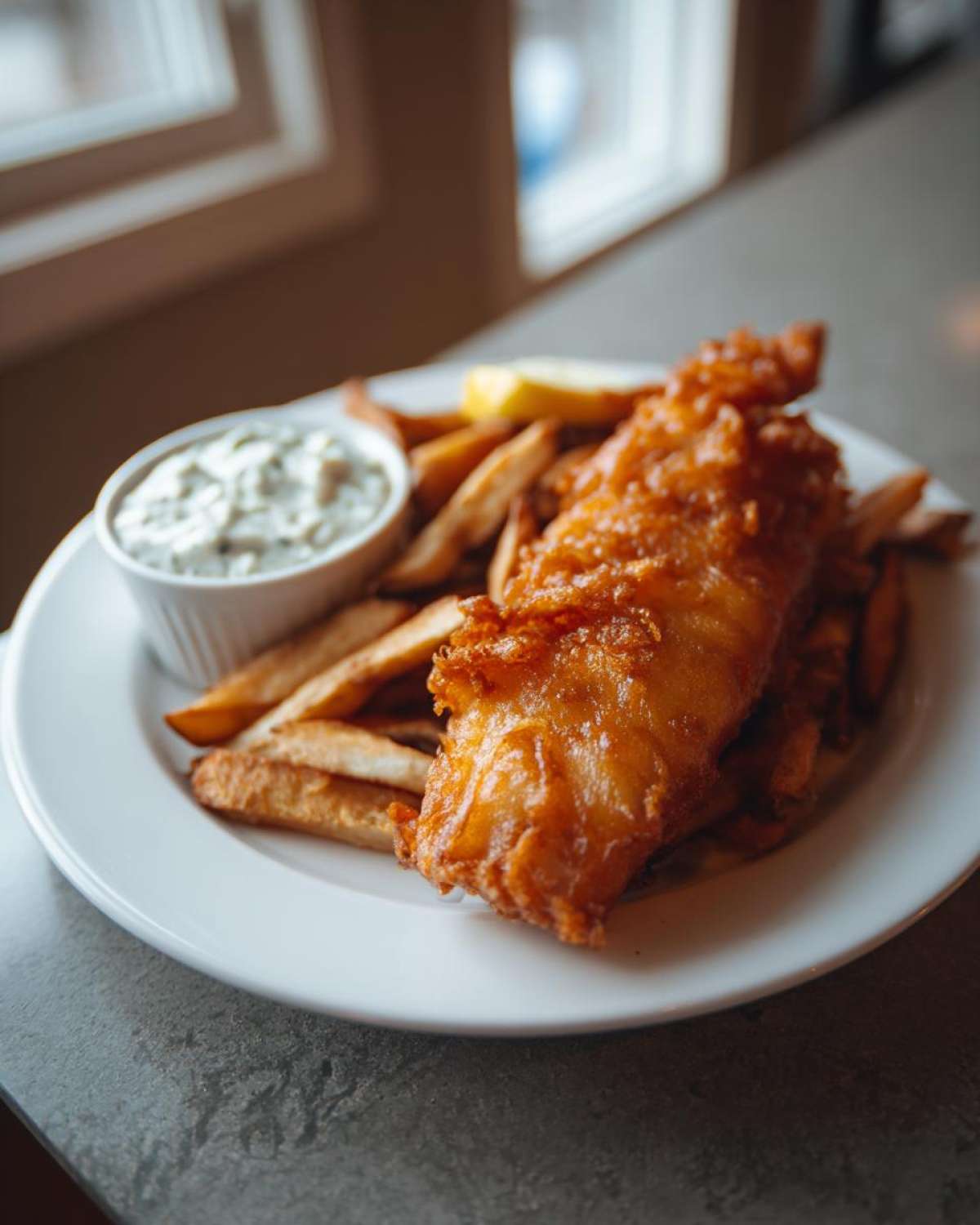 A plate featuring golden, battered fish and chips served with a side of tartar sauce and a lemon wedge.