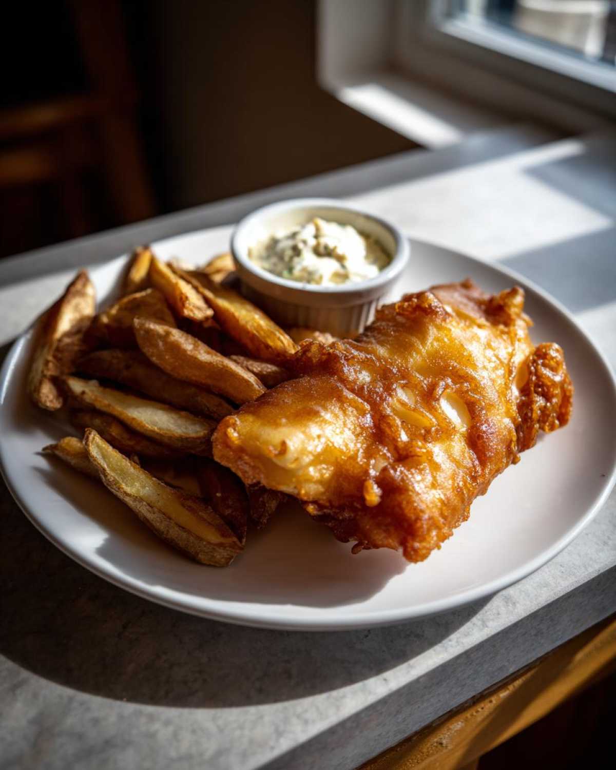 A plate featuring golden, battered fish and thick-cut chips served with a side of tartar sauce for Copycat Pub-Style Fish and Chips.