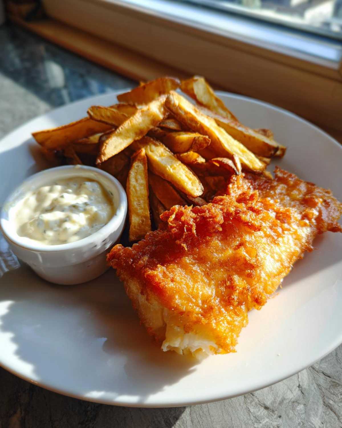 A plate featuring crispy battered fish, thick-cut fries, and a side of homemade tartar sauce for Copycat Pub-Style Fish and Chips.