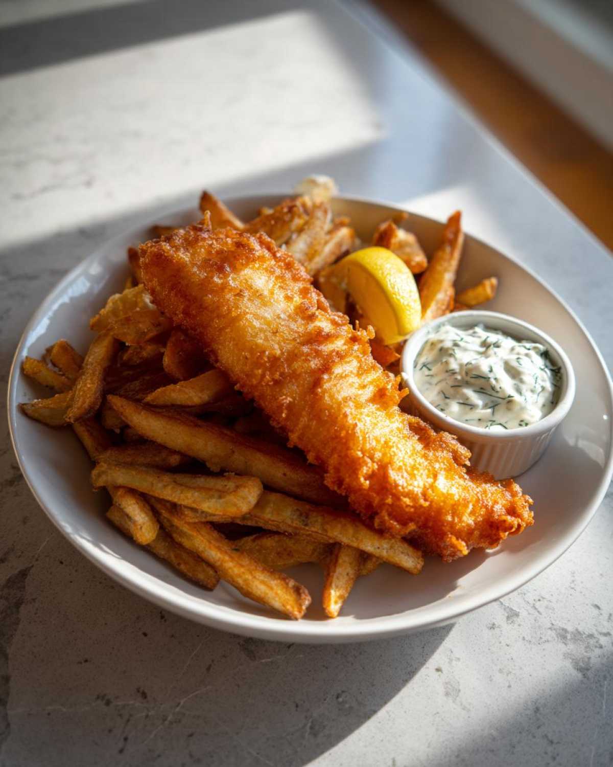 A plate of golden, crispy Copycat Pub-Style Fish and Chips served with a side of tartar sauce and a lemon wedge.