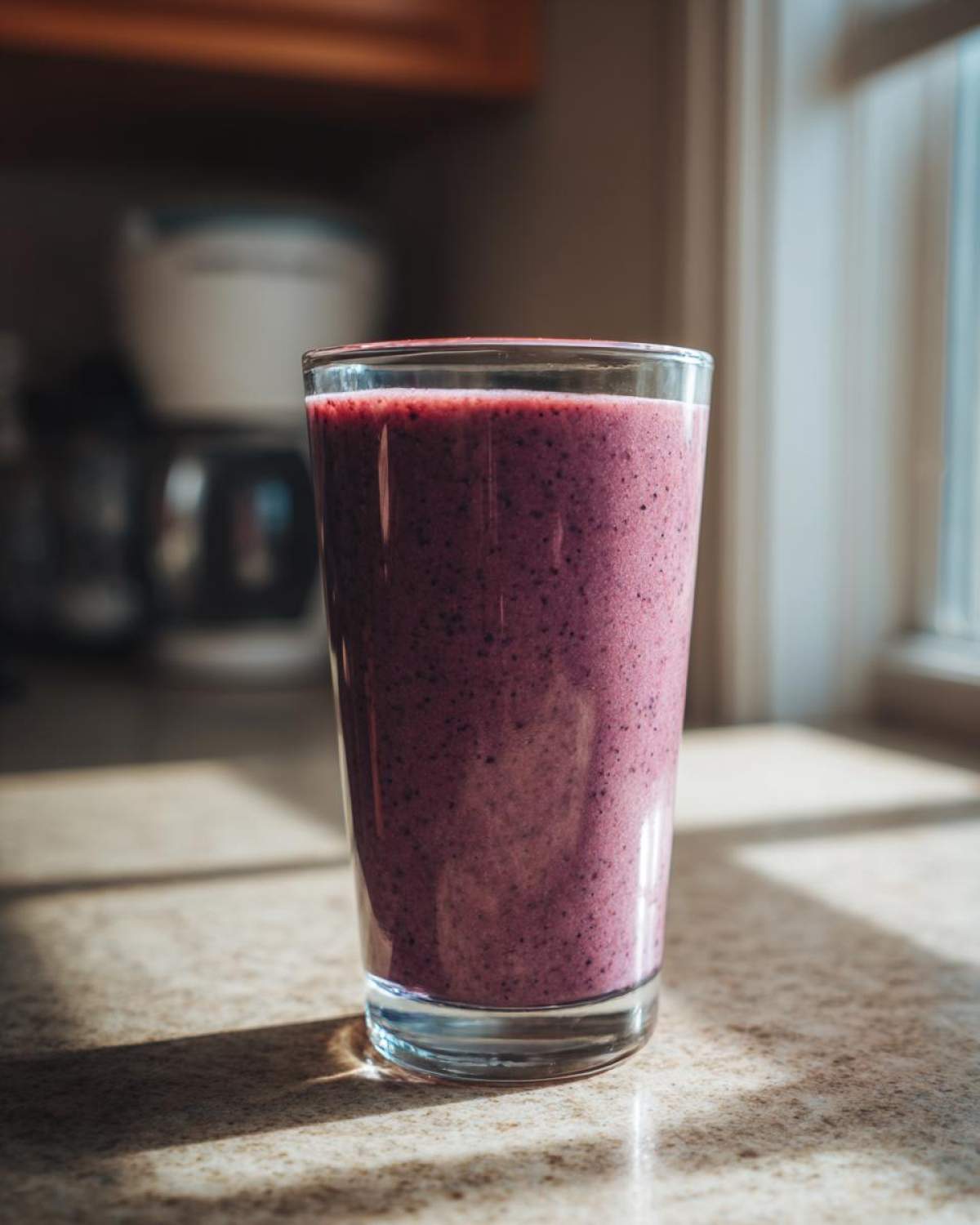 A tall glass filled with a thick, vibrant purple Creamy Blueberry Banana Smoothie sitting on a sunlit kitchen counter.