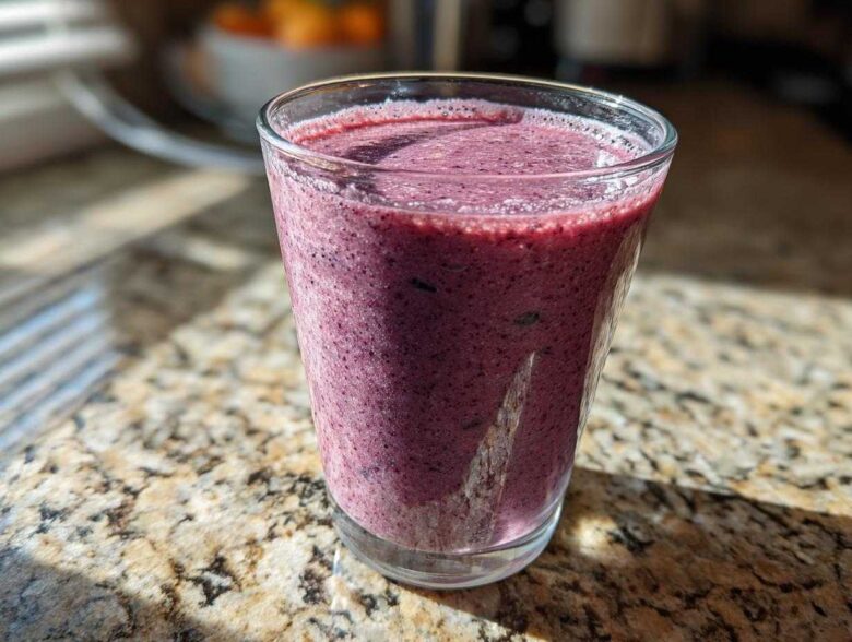 A tall glass filled with a thick, purple Creamy Blueberry Banana Smoothie sitting on a granite countertop.