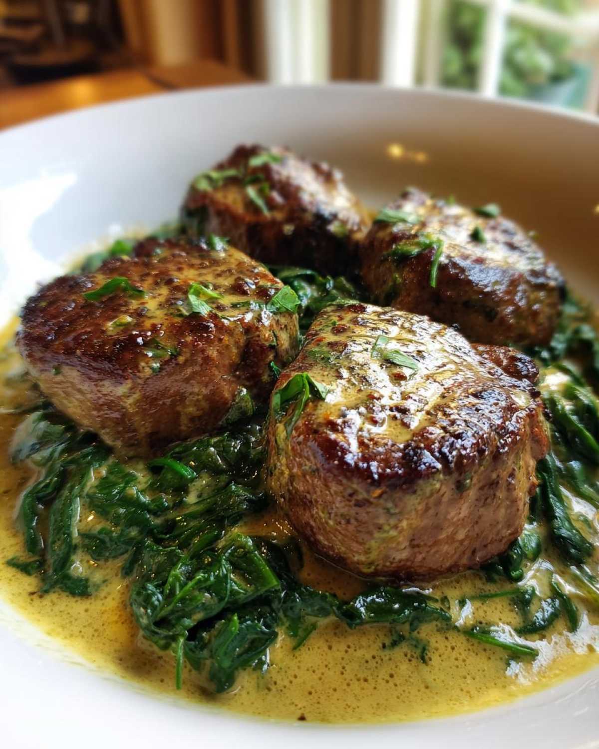 Four seared One-Pan Creamy Garlic Butter Pork Tenderloin Medallions served over wilted spinach in a rich sauce.