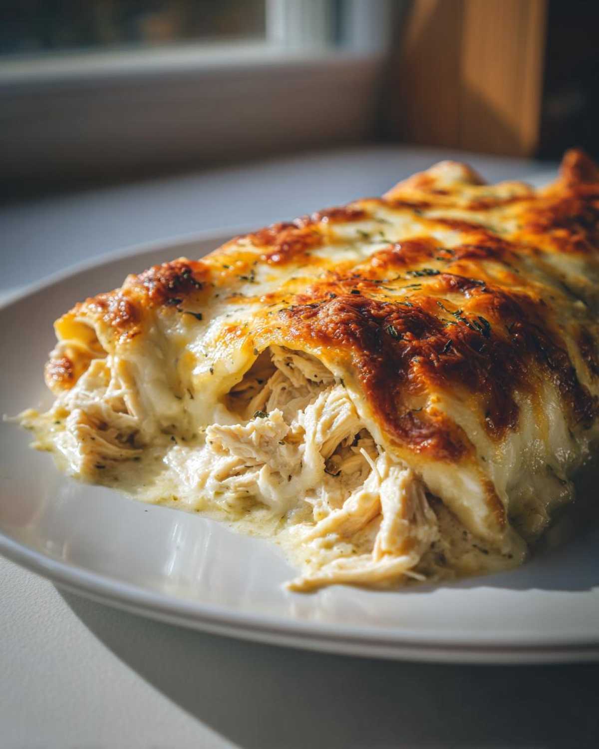 A close-up view revealing the shredded chicken filling inside a Creamy White Chicken Enchiladas, topped with melted, browned cheese.