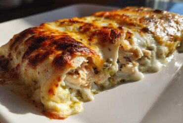 A close-up of a serving of Creamy White Chicken Enchiladas with Green Chile Sauce, showing melted, browned cheese and shredded chicken filling.