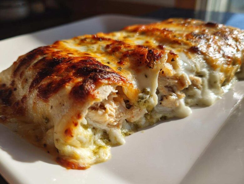 A close-up of a serving of Creamy White Chicken Enchiladas with Green Chile Sauce, showing melted, browned cheese and shredded chicken filling.