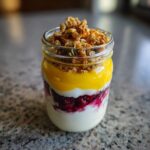 A layered Easy Lemon Poppy Seed Yogurt Parfait featuring yogurt, berry compote, lemon curd, and granola in a glass jar.