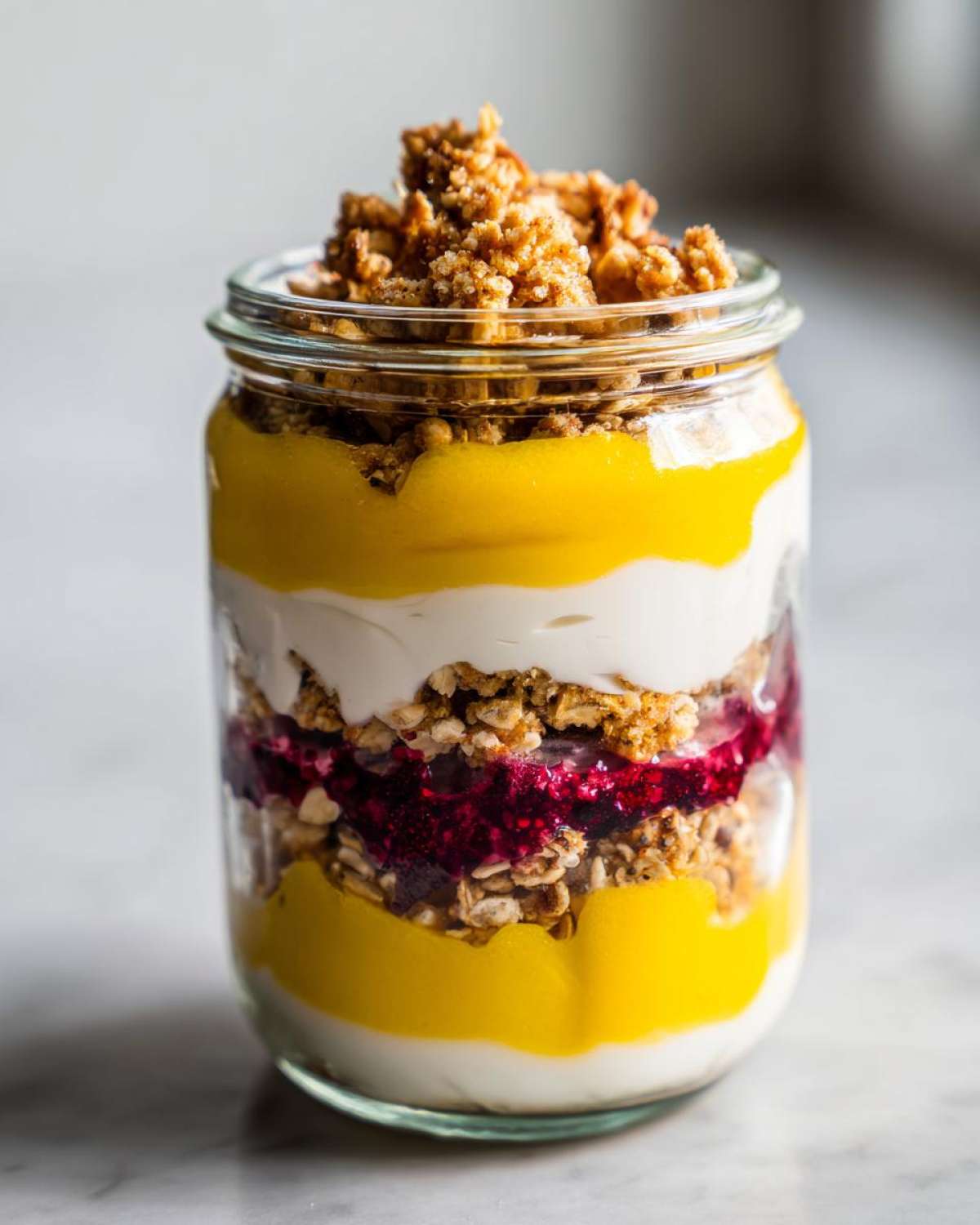 Close-up of an Easy Lemon Poppy Seed Yogurt Parfait layered with bright yellow curd, white yogurt, berry compote, and granola in a glass jar.