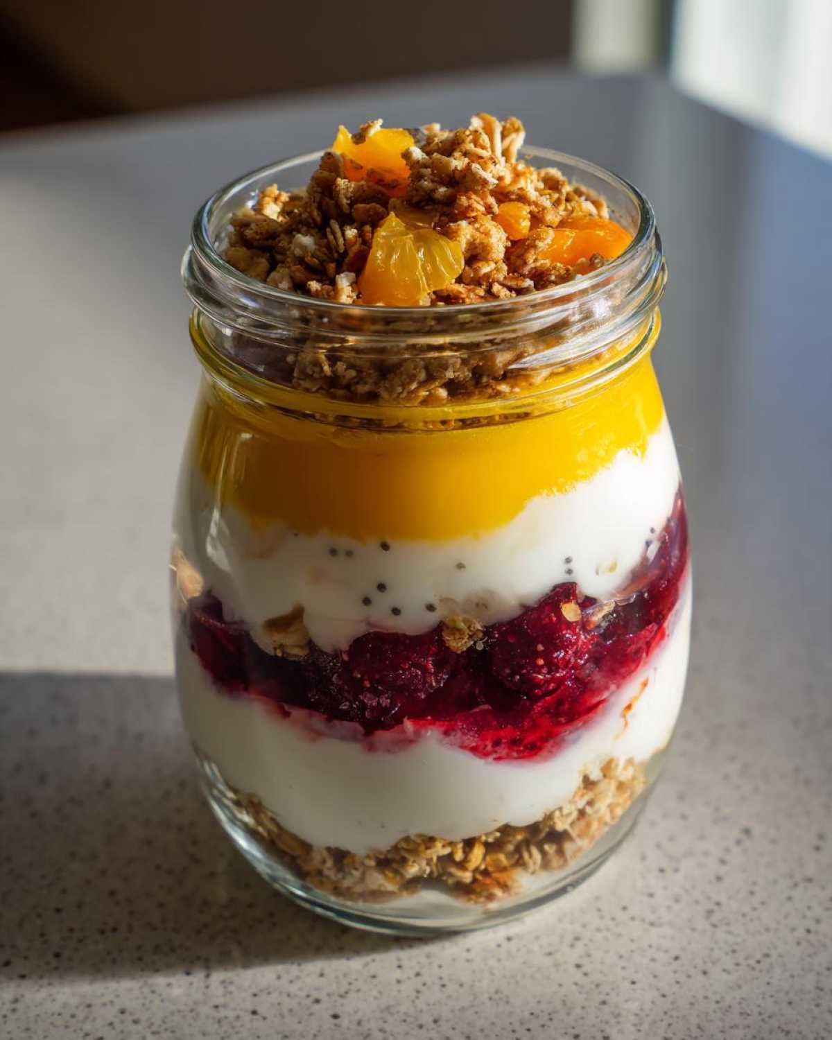 Close-up of a layered Easy Lemon Poppy Seed Yogurt Parfait in a glass jar with granola, yogurt, and fruit compote.