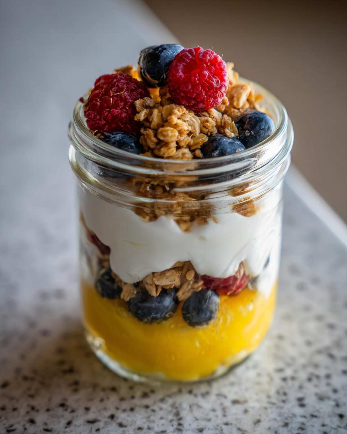 Close-up of an Easy Lemon Poppy Seed Yogurt Parfait layered with yellow curd, yogurt, granola, blueberries, and raspberries.