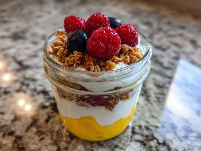 Close-up of an Easy Lemon Poppy Seed Yogurt Parfait layered with yellow curd, white yogurt, granola, raspberries, and blueberries.