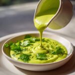 A thick, bright green Five-Minute Avocado Lime Dressing is being poured from a small white pitcher into a bowl garnished with cilantro.