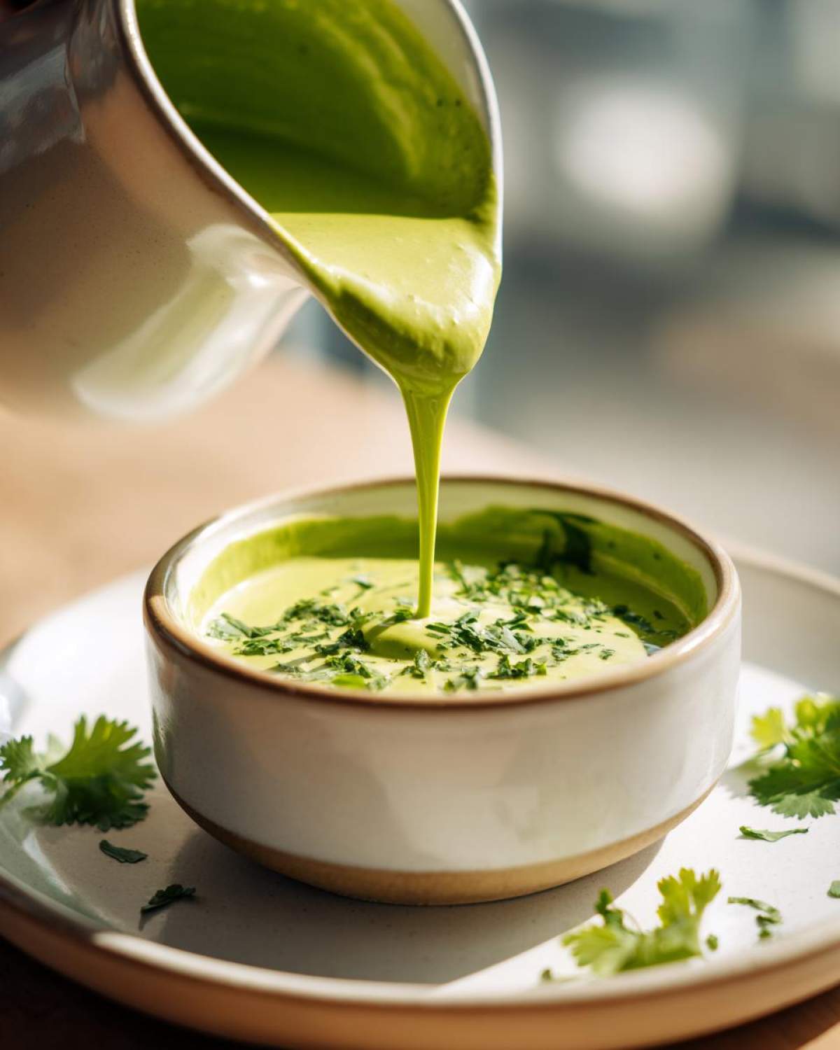 A stream of bright green Five-Minute Avocado Lime Dressing being poured from a white pitcher into a small bowl topped with fresh herbs.