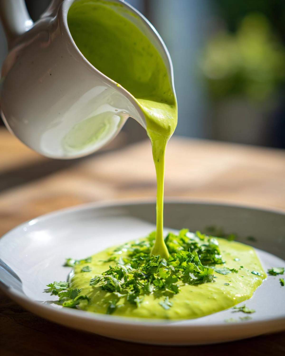 A white pitcher pouring bright green Five-Minute Avocado Lime Dressing onto a plate topped with fresh cilantro.
