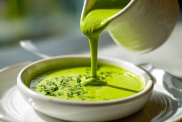 A vibrant green Five-Minute Avocado Lime Dressing being poured from a white pitcher into a small white bowl.
