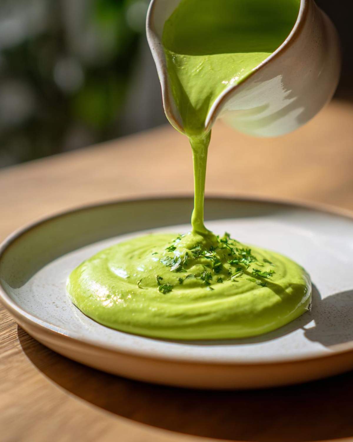 Vibrant green Five-Minute Avocado Lime Dressing being poured from a white pitcher onto a plate.
