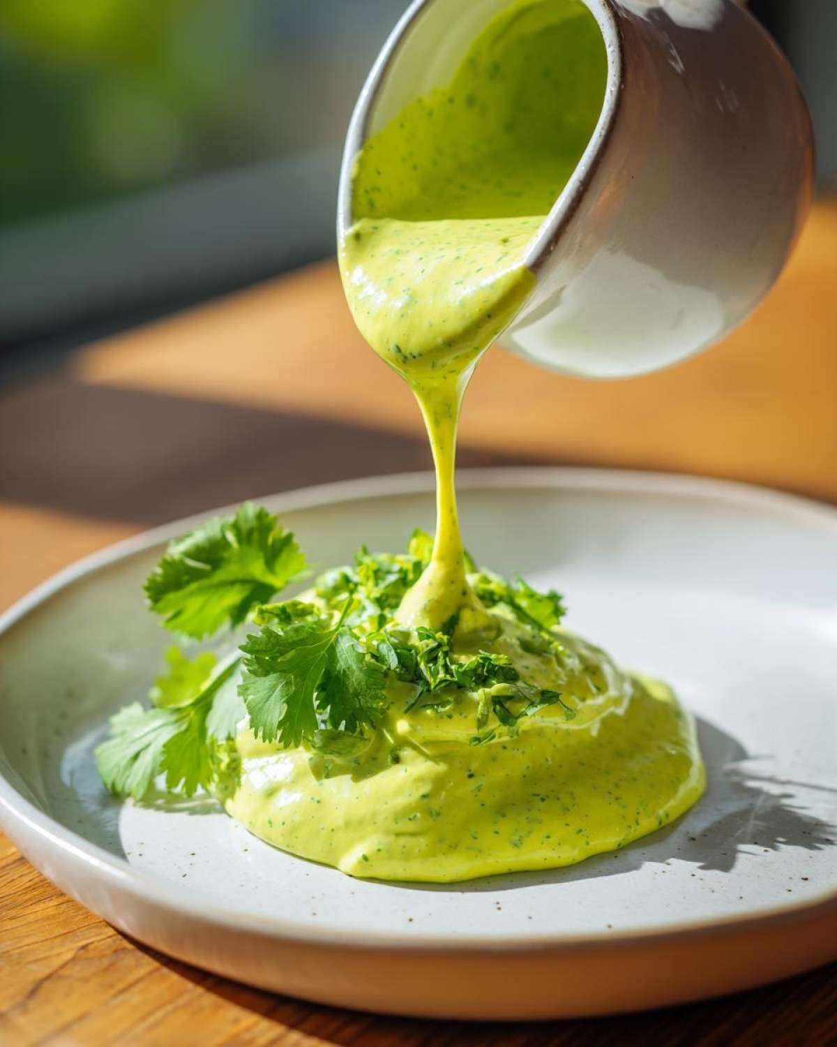 Thick, creamy Five-Minute Avocado Lime Dressing being poured from a white pitcher onto a plate, garnished with cilantro.