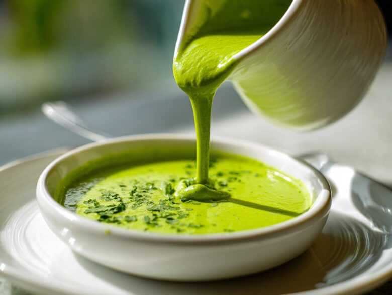 A vibrant green Five-Minute Avocado Lime Dressing being poured from a white pitcher into a small white bowl.