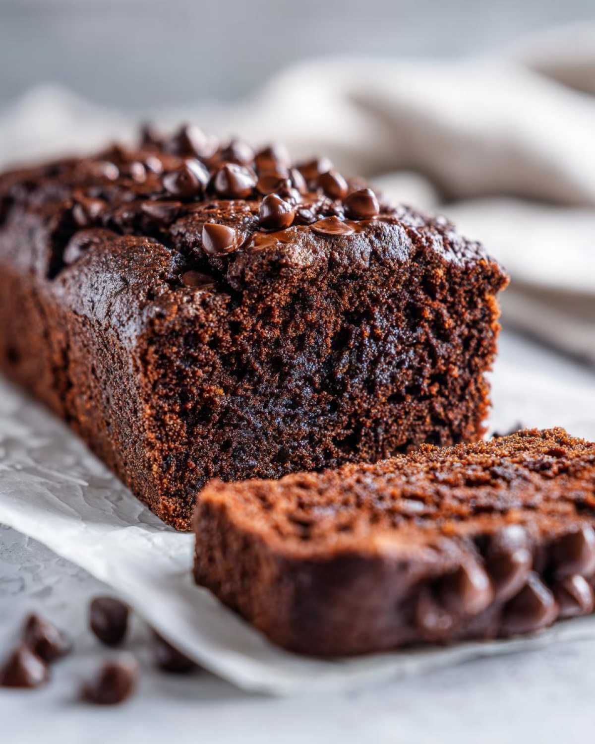 Close-up of a moist Gluten-Free Chocolate Zucchini Bread loaf with a slice cut, topped with chocolate chips.