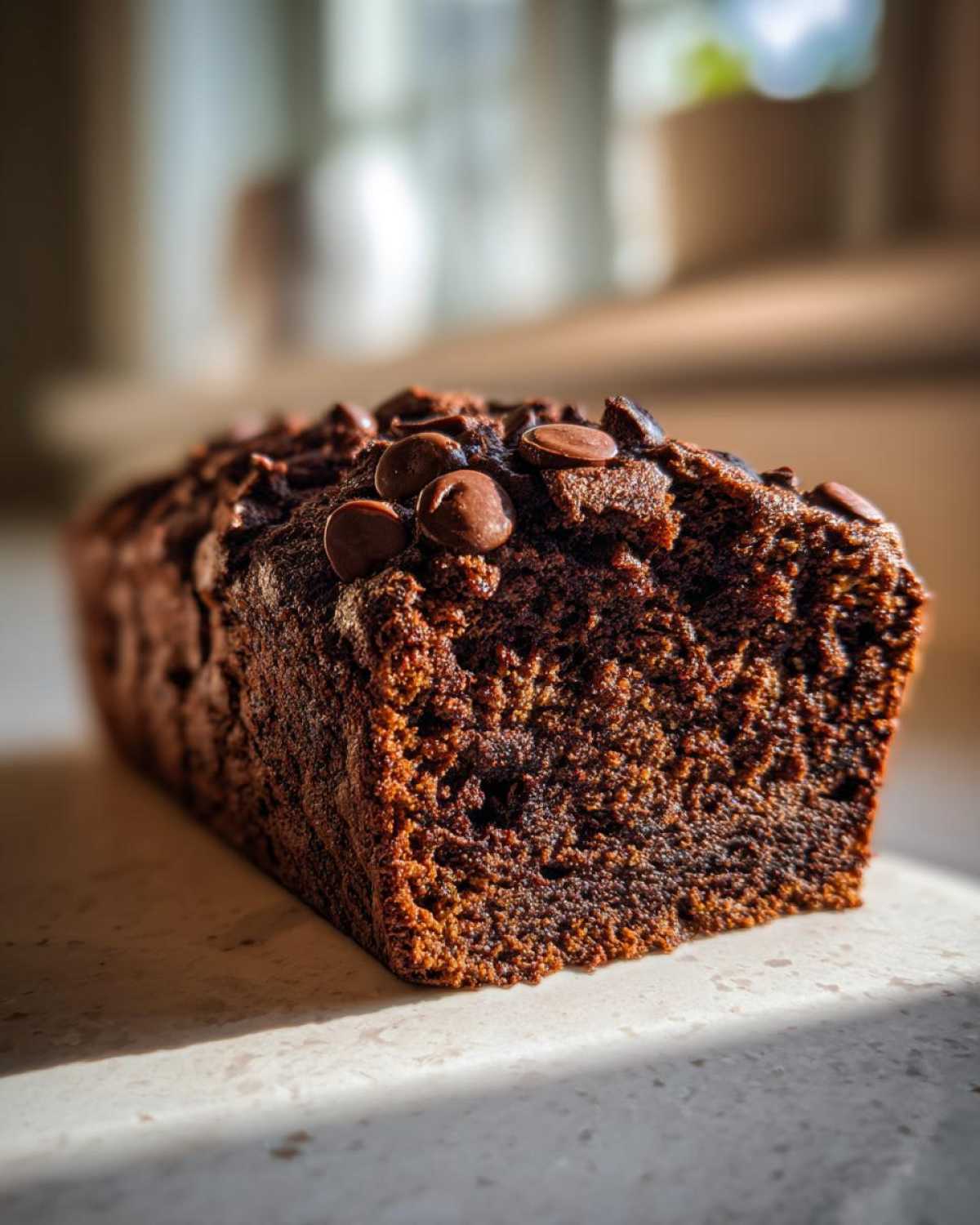 Close-up of a rich, dark Gluten-Free Chocolate Zucchini Bread loaf topped with chocolate chips.