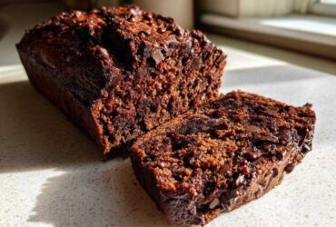 A dark, rich loaf of Gluten-Free Chocolate Zucchini Bread with a slice cut off, showing moist texture and chocolate chips.