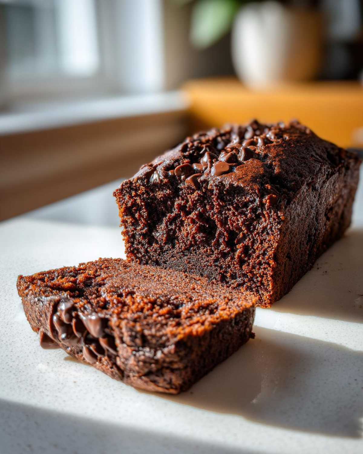 A rich, dark slice cut from a loaf of Gluten-Free Chocolate Zucchini Bread topped with chocolate chips.
