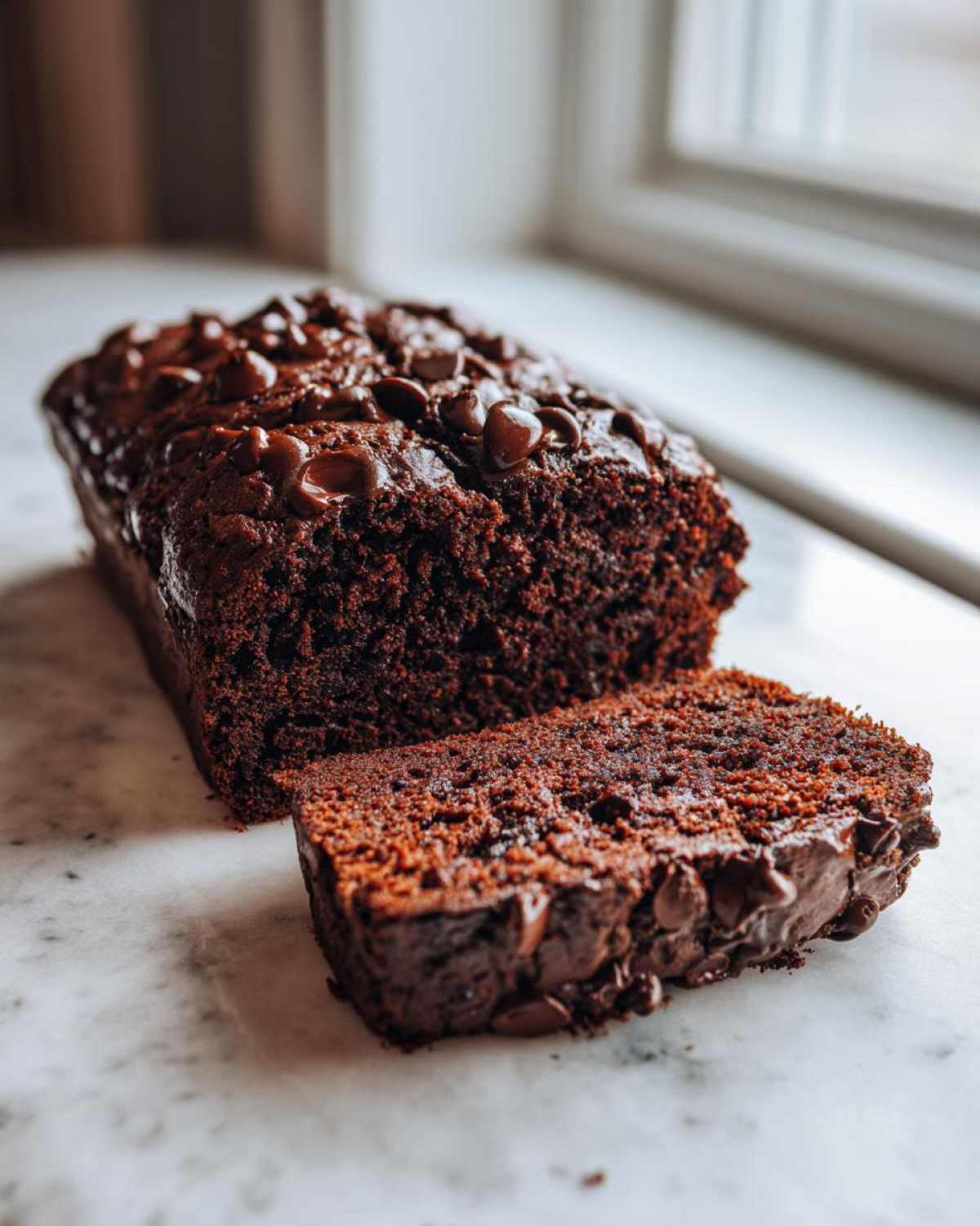 A dark, rich loaf of Gluten-Free Chocolate Zucchini Bread with a slice cut, topped with melted chocolate chips.